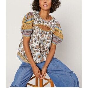 Current Air Los Angeles Boho Floral Blouse Small Smocked Cut-Out Puff Sleeve Top